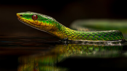 Fototapeta premium emerald tree boa gliding on amazon river reflection
