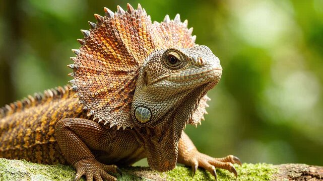 A detailed close-up portrait of a wild Frilled lizardperched on a tree branch highlights its scaly skin and eyes amidst a lush tropical wildlife environment.