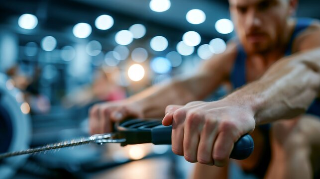 Close-up of a athlete gripping a rowing machine handle in a gym during focused cardio training session