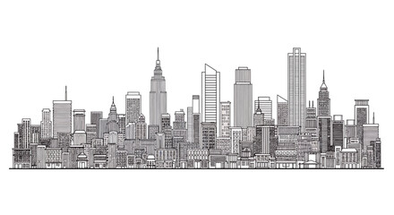 Fototapeta premium Detailed black and white illustration of a city skyline with various buildings.