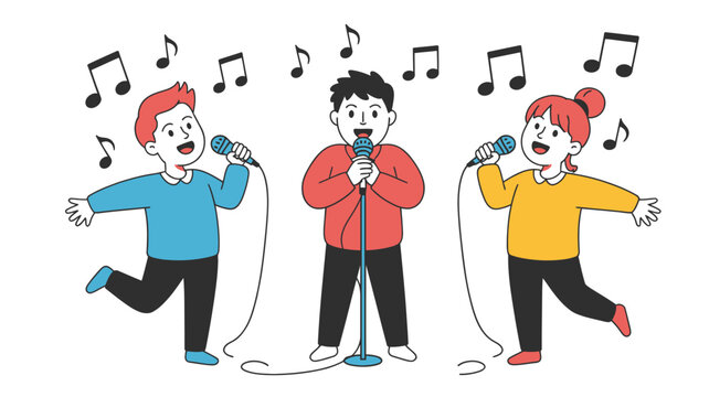 Happy friends karaoke singing group with microphones and musical notes illustration representing fun celebration music entertainment and friendship in vector style