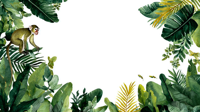 monkey climbing tropical leaves watercolor illustration