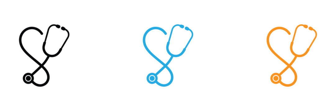 Stethoscope icons in black, Blue, And orange on white background for medical concepts