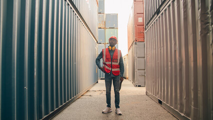 Worker container industry logistics shipping safety warehouse transport cargo port Confident male worker wearing safety vest and helmet stands between large cargo container industrial shipping © chokniti