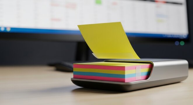 A stack of colorful sticky notes in an office dispenser