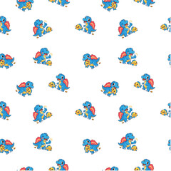 seamless pattern featuring lively blue and red spinosaurus dinosaurs in a vibrant cartoon pattern © annang