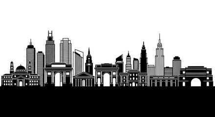 Fototapeta premium Detailed Silhouette of a City Skyline with Prominent Landmarks.