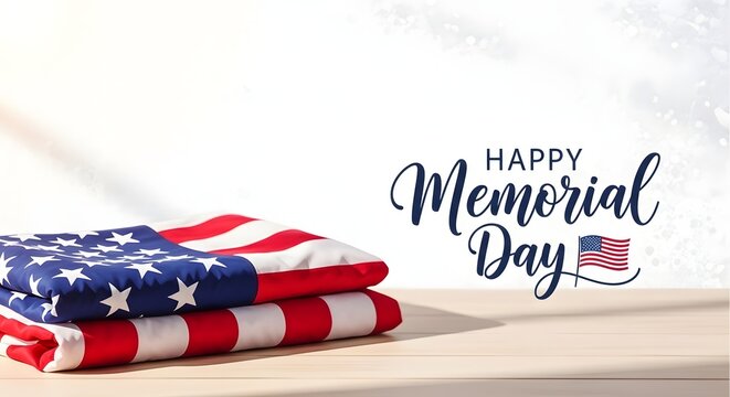 Memorial Day greeting with folded American flags on wooden table
