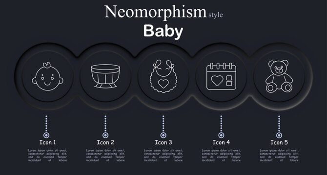 Baby set icon. Neomorphic dark interface circles with line symbols of infant face, cradle bassinet, baby bib heart, calendar reminder, teddy bear toy. Childhood care nursery parenting themed