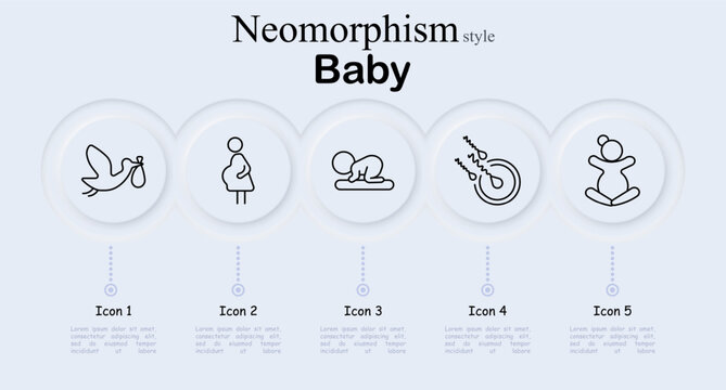 Baby set icon. Stork bird carrying newborn bundle, pregnant woman silhouette, crawling baby child figure, rattle toy with sound lines, sitting baby toddler pose