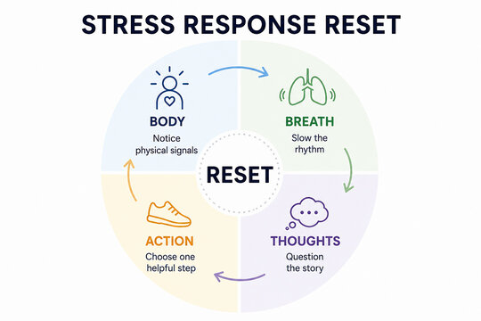 It illustrates a stress response reset method using visual cues for body awareness, breathing, action, and thought redirection.