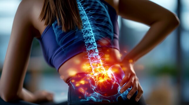 Woman in gym suffering from tailbone pain with red glow, illustrating coccyx injury during exercise