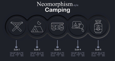 Camping set icon. Folding chair, night tent landscape, camper van travel, map navigation search, gas cylinder stove fuel, outdoor adventure, tourism equipment, wilderness trip lifestyle. © Anastasia