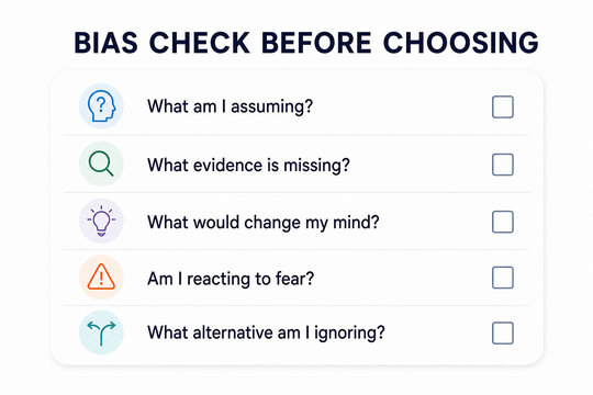 This image presents a bias check framework for decision-making, encouraging self-reflection on assumptions, missing evidence, potential reactions to fear, and alternative perspectives.