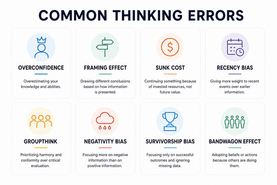 It displays common cognitive biases, illustrating various thinking errors with icons and brief descriptions.