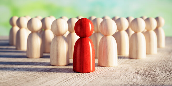 A Group of Wooden Figurines Arranged on a Textured Wooden Surface with One red in Focus and Others Blurred - Concept of Unity and Individuality - 3D illustration