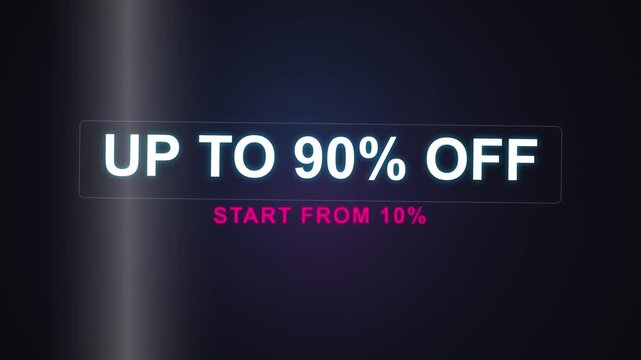 Animated Retail Sale Banner Featuring Up to 90 Percent Off Text with Glowing Neon Light Effects and Pink Subtext on Dark Background