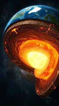 Earth planet displaying its intricate internal structure, geological layers, a molten mantle, liquid outer region, solid inner nucleus, hot planetary composition, deep interior, geosphere model.