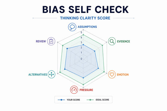 This graphic is a bias self-check tool, assessing thinking clarity through evaluating assumptions, evidence, emotion, pressure, and alternatives. It displays a score based on an individual&rsquo;s assessmen
