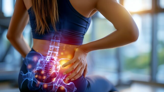 Woman in gym suffering from tailbone pain with red glow, illustrating coccyx injury during exercise