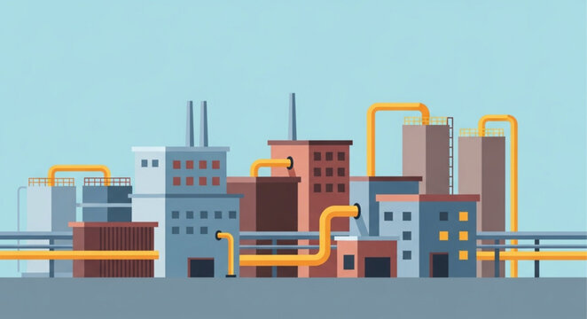 Industrial factory complex with pipelines and smokestacks illustration.