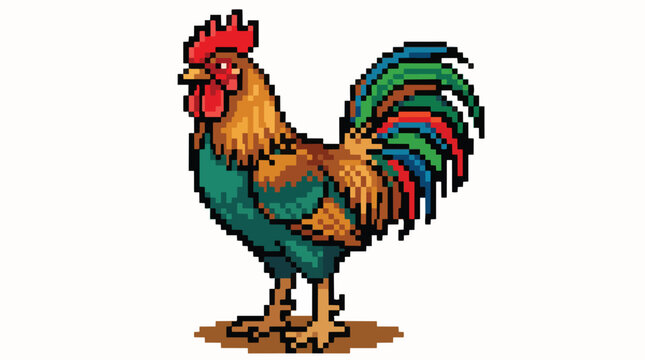 A pixel art illustration of a proud rooster with vibrant plumage, standing on a textured ground.