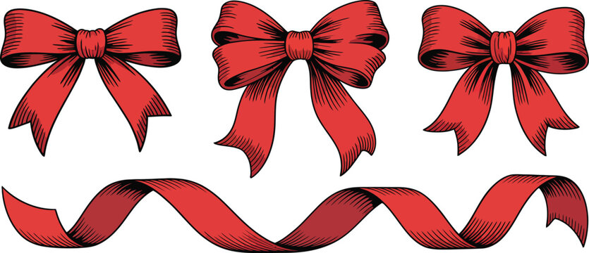 Red ribbon bows, gift decoration elements, festive bow sets, vector ribbon designs
