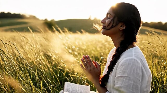A woman kneeling in a sunlit wheat field at golden hour, hands clasped in prayer over an open book as sunlight backlights her braided hair, conveying peaceful devotion