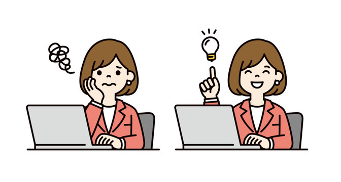 困った表情とアイデアが閃いた表情の、パソコンを操作する若い女性会社員のベクターイラスト素材