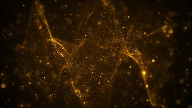 Golden abstract particle wave glowing dots, soft bokeh, flowing mesh curves, luxury depth. cinematic videos, premium intros, festive promos, award titles, digital art, music visuals, elegant overlays.