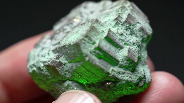 Macro high angle shot of a raw, crystalline emerald-green mineral rock with a rough and rugged textured surface.