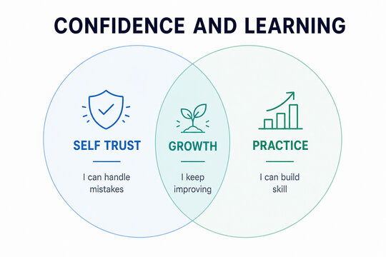 It depicts a graphic illustrating the concepts of self-trust, growth, and practice in relation to confidence development.