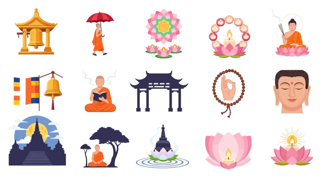 Buddha statues and religious symbols.