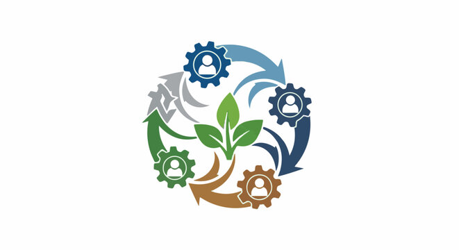 Circular flow diagram of gears and arrows around a central plant