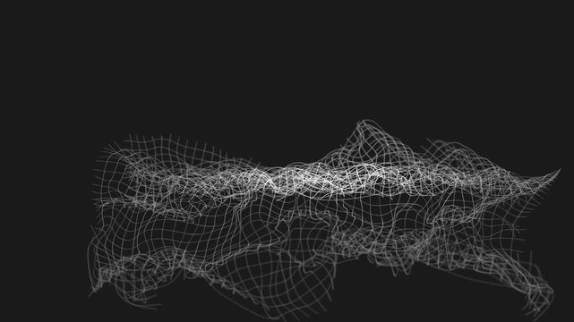 Abstract background, curvy wavy lines on a dark backdrop, creating a dynamic and interconnected network. The white lines form a digital wireframe mesh that undulates and flows, ideal for data