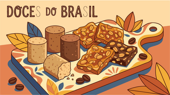 Vector illustration of traditional Brazilian sweets like pa&ccedil;oca and p&eacute; de moleque, Festa Junina