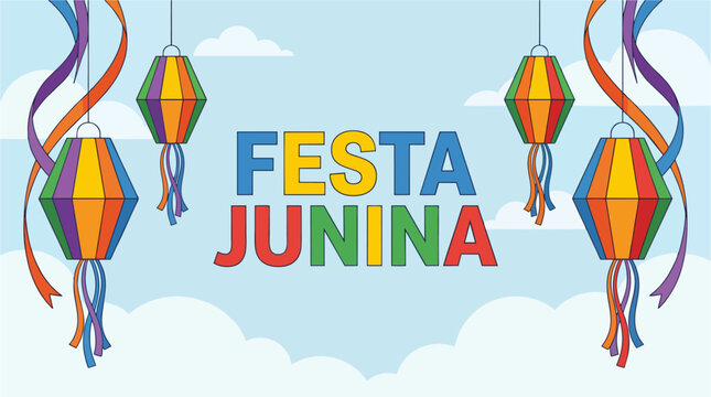 Festa Junina banner with hanging lanterns and colorful ribbons, clean vector composition