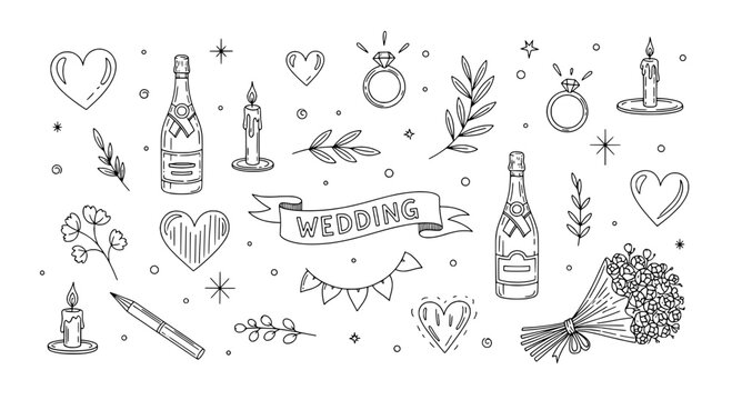 Wedding icons doodle set with champagne bottles, rings, candles, bouquet and banners for festive design