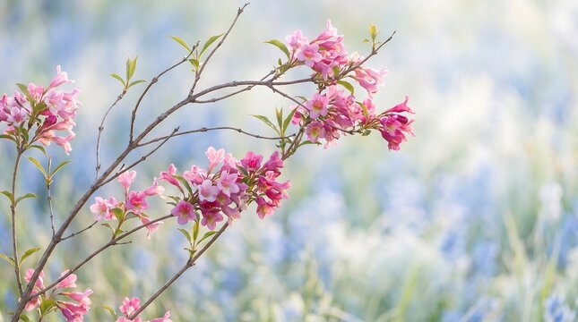 Pink flowering tree branch with blurred blue background, Springtime scenery with weigela blooms