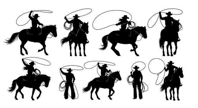 Cowboy hat silhouette set with riding horses, lasso, and cowboy gestures for vintage western badge icons