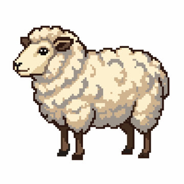 A charming pixel art illustration of a fluffy sheep standing on a white background, showcasing its woolly coat and gentle expression.
