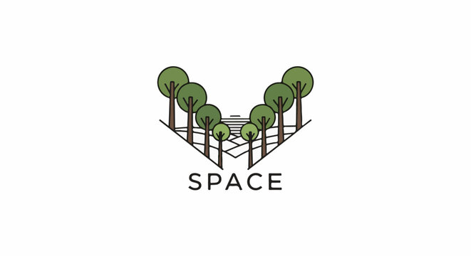 Stylized trees arranged in a V-shape above a grid, with text below