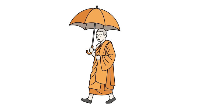 Buddhist monk walking with umbrella.
