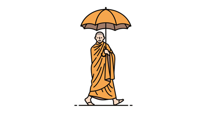 Buddhist monk walking with umbrella.