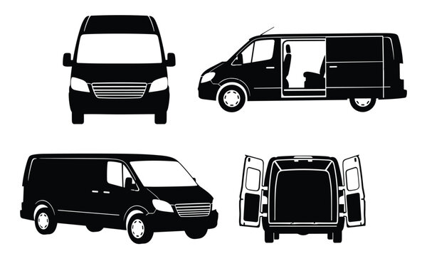 Black silhouette of cargo van from different angles, front, side, back view.