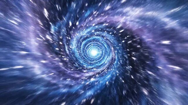 A glowing blue and purple wormhole spirals through a dense starfield in deep space, featuring vibrant cosmic light trails, interstellar nebula clouds, and a futuristic energy vortex.