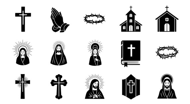 Cross and church icon set with dove, halo, bible, fish, and saint portrait symbols for religious vector graphics