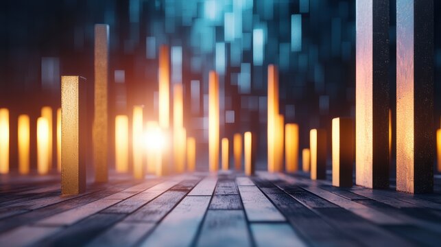 Data Analysis and Analytics 3D rendered charts and graphs with glowing lines, dark background, represents complex data visualization and analysis