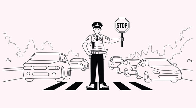Traffic police controller guiding vehicles illustration representing road safety direction management and urban traffic regulation in clean vector style