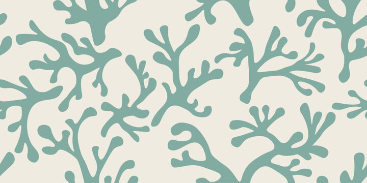 Seamless pattern with abstract seaweed silhouettes, marine botanical background
